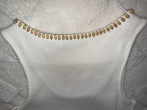 Vintage 90s Y2K Beaded Tank Top Ivory Ribbed Stretch Apostrophe M L - Picture 5 of 5