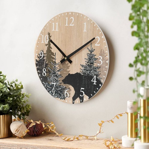 Cabin Bear Wall Clock 12 Inch Silent Non Ticking Clock Wooden Forest Wildlife...