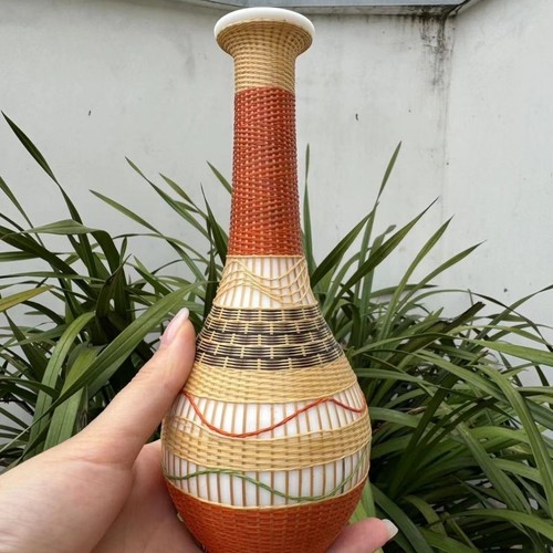 Retro Woven BAMBOO Porcelain Vase Bamboo Woven ICH on White Procelain 21 cm Tall - Picture 12 of 12