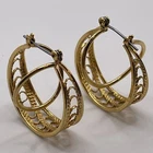 Earrings Vintage Medium Size Art Deco Style AbstractMetal Gold Tone Hoop Jewelry