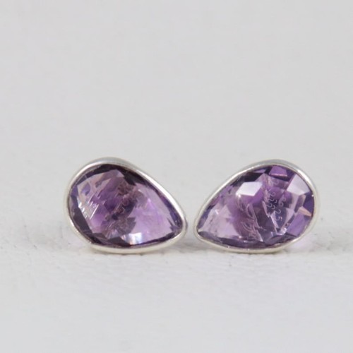 Natural Amethyst Pear Stud Earrings 925 Sterling Silver Handmade Jewelry - Picture 7 of 12