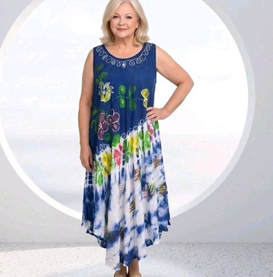 Blaues handbemaltes Batik Viskose Lagenlook Midikleid Free Size Boho Festival