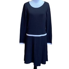 Lauren Ralph Lauren Black with White Trim Pleated Long Sleeve Dress Medium NWT