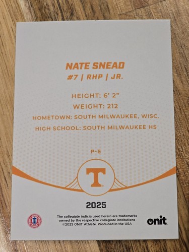 Nate Snead 2025 Onit Holo Gold Parallel Card #P-5 Tennessee Volunteers - Picture 2 of 2