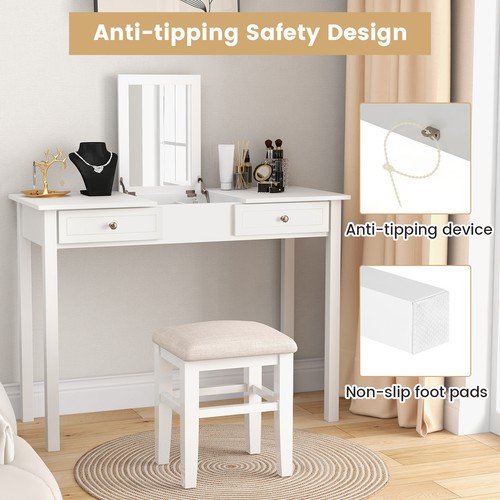 2-In-1 Vanity Table w/Flip-Top Mirror 2 Drawers 9-Slot Storage Compartment White - Afbeelding 6 van 10
