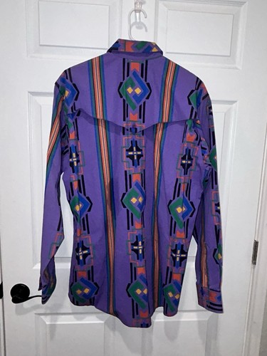 Vintage Wrangler Brushpopper Mens Western Aztec Navajo Cowboy Purple 16.5-35 USA - Picture 3 of 5