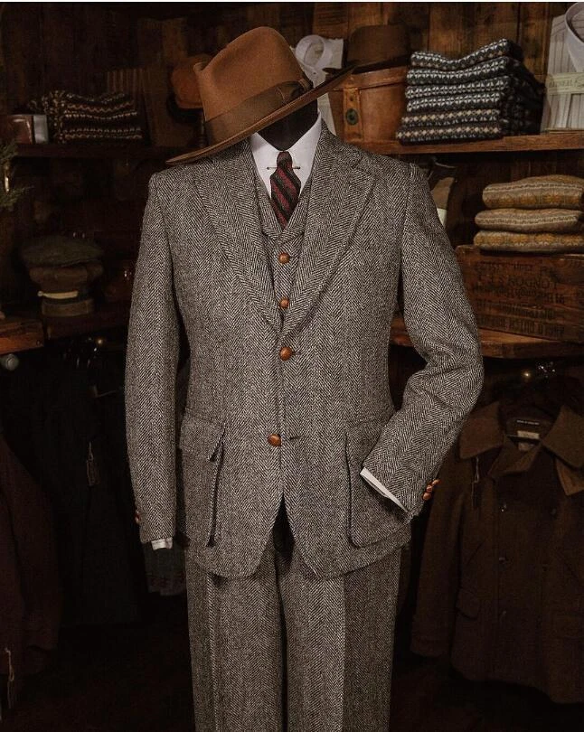 Esmoquin de negocios de mezcla de lana de invierno espiga vintage de trajes de tweed 3 piezas para hombre Foto 2 de 4