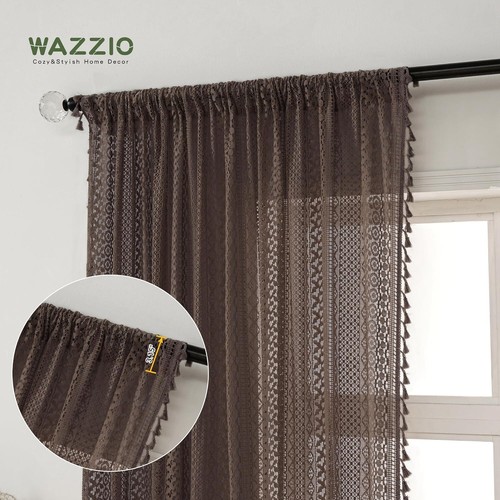 Chic 84-Inch Semi-Sheer Crochet Lace Curtains - Brown Panels for Cozy Interiors - Picture 5 of 9