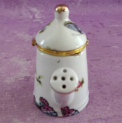 Butterfly Teapot Trinket Box Hinged White Floral Pink Blue Gold Trim 4in Vintage - Picture 2 of 8