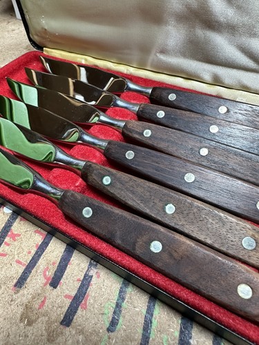 Mid Century Vintage Set of 6 BUTLER'S Wood Handle Steak Knives SHEFFIELD ENGLAND - Picture 7 of 13