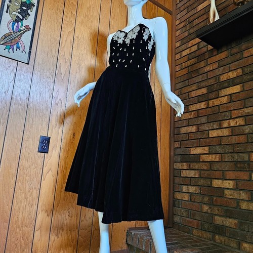 Vtg 40s New Look Velvet Rhinestone Strapless Evening Formal Prom Dress Gown S - Picture 3 of 9