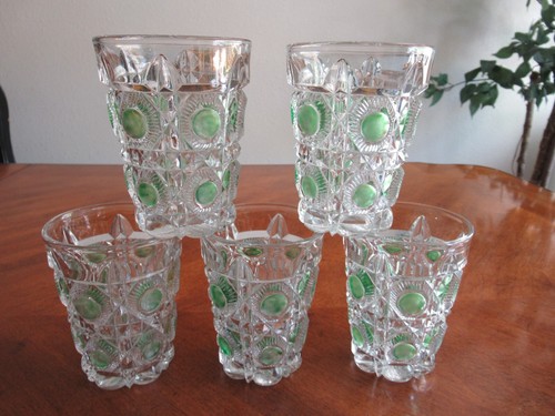 Lot 5x Antique EAPG US Glass Co Glass Bullseye Daisy Newport Green Flash Tumbler - Picture 1 of 11