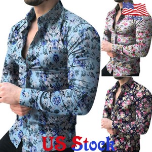 Fashion-Men-039-s-Slim-Fit-Casual-Long-sleeve-Floral-Print-Shirt-Muscle-Tops-Blouse