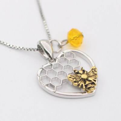 HONEYBEE Honeycomb Honey 1'' x 7/8'' Heart Pendant 17'' Necklace Chain (J934)