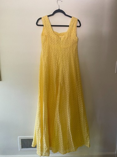 VTG 1960s Handmade Butter Yellow Empire Waist Lace Mod Maxi Dress M/L *read* - Picture 4 of 10