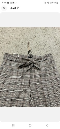 NEW Coco & Carmen S/M Brown Check Wide Leg Tie Belt PANTS Side zip V22 - Picture 2 of 7