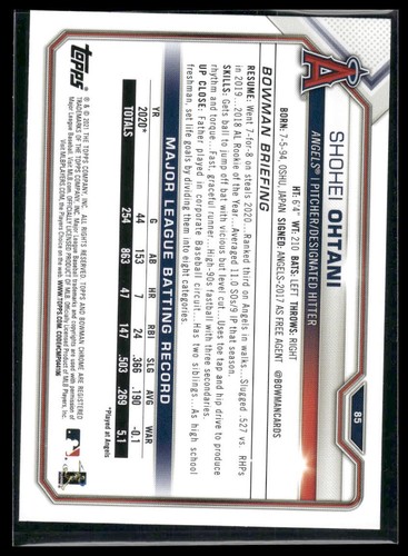 2021 Bowman Shohei Ohtani #85 Los Angeles Angels - Picture 2 of 2
