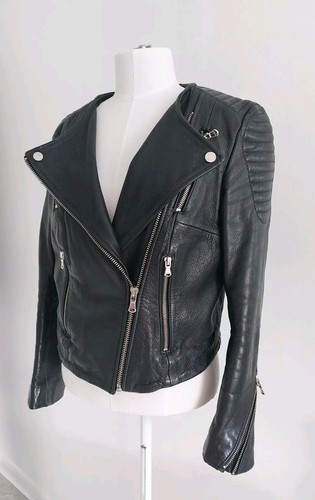 H&M premium real Leather black biker quilted jacket Size 10 ICONS - Picture 3 of 13