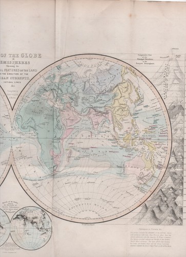 1873 Mapa a color del globo en hemisferios con corrientes oceánicas - Imagen 2 de 2