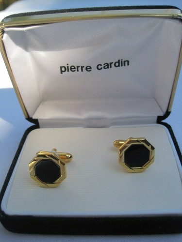 Pierre Cardin Cufflinks, Octagon Shape, Gold-Tone w/ Onyx Centers - Picture 2 of 6