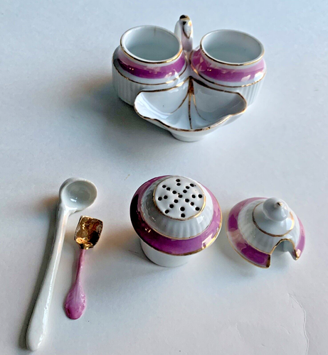 Lusterware Pink & White Condiment Set: Salt Pepper Mustard Pot Spoon Caddy Vtg - Picture 7 of 14
