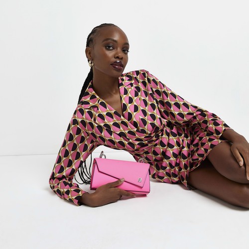 River Island Womens Wrap Mini Blazer Dress Pink Printed Satin Long Sleeve - Picture 3 of 9