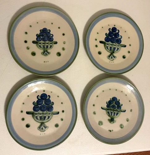 M. A.  Hadley Pottery 4 Dinner Plates Blueberry Bouquet 11 Inch Stoneware