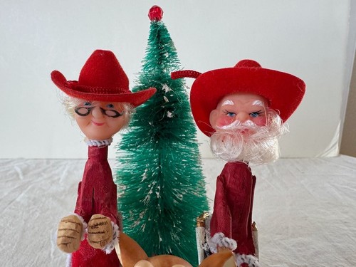 Cowboy Santa Mrs Claus Christmas Bottle Brush Tree Rudolph Handmade Folk Art - Picture 2 of 11