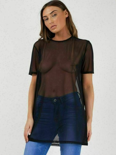 Damas Mangas Cortas Gran Tamaño Negro Malla Transparente Camiseta Vestido Ver a través del torso - Imagen 3 de 10