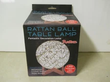 Rattan Ball Table Lamp LED Corded Nautical Beach Night Light w/ Wood Stand NEW