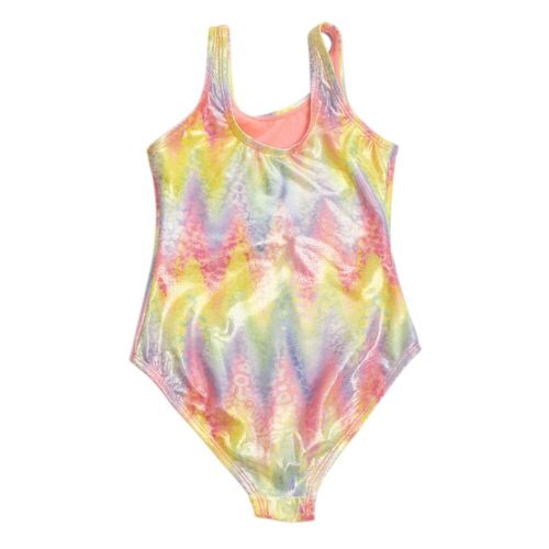 Kids Girls One-Piece Swimwear Shiny Rainbow Bathing Suit Belly Cut Out Beach - Picture 1 of 13