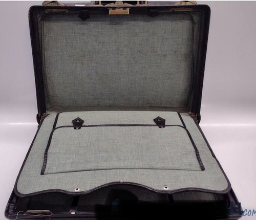 Vintage 1920s Black Leather Suitcase Travel Train Case Luggage Straps Antique - Picture 7 of 21