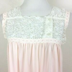 Vintage-COLONY-CLUB-Nightgown-Pink-Nylon-White-Embroidered-Lace-Sleeveless-Small