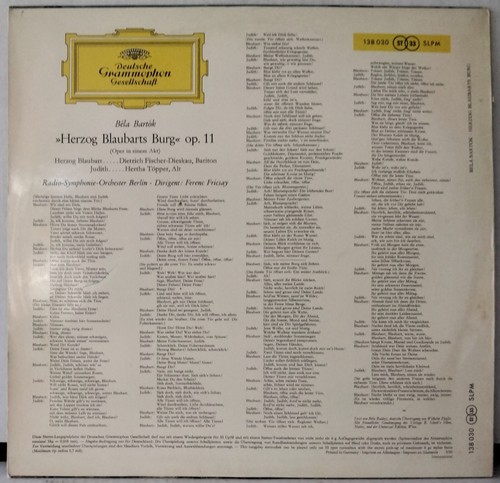 DG 138 030 SLPM BARTOK, FISCHER-DIESKAU FRICSAY HERZOG BLAUBARTS BURG GERMANY LP - Picture 2 of 3
