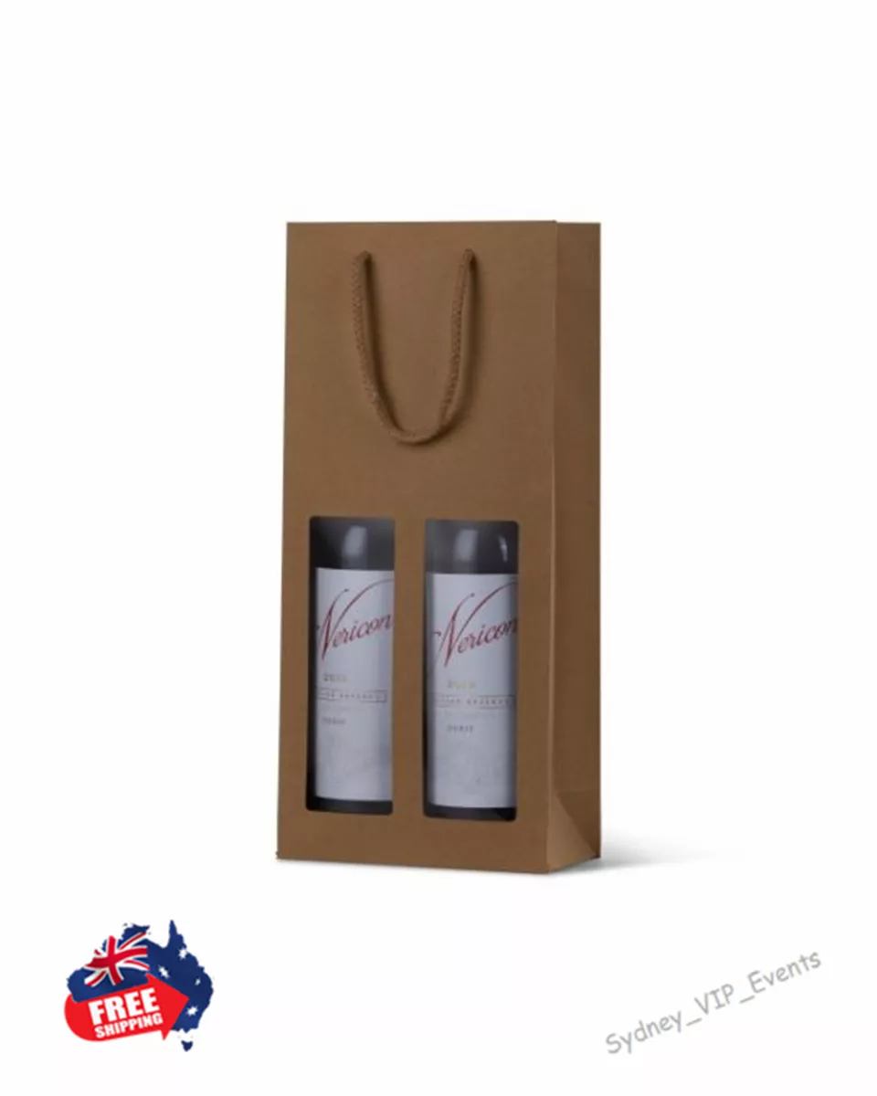 1 to 100pcs PREMIUM BROWN KRAFT WINDOW DOUBLE WINE GIFT BAGS WITH ROPE HANDLE