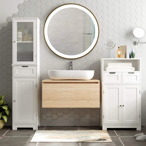 NEW White Bathroom Storage Cabinet Tall Narrow Linen Tower with Door & Drawer - Picture 2 of 7