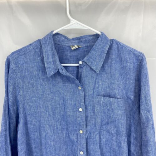 LL Bean Women 1X Linen Shirt Blue Long Sleeve Button Front Breathable Blouse Top - Picture 2 of 9