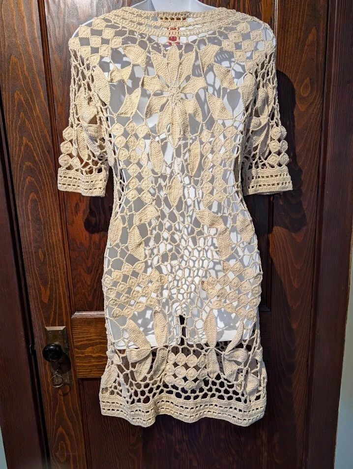 BETSEY JOHNSON Beige Algodón Crochet Midi Largo Cárdigan Floral Suéter Plumero 1D Foto 3 de 4