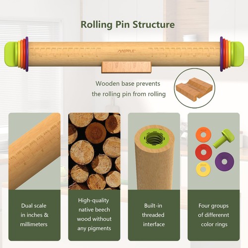 Rolling Pin with Thickness Rings for BakingFondant Pizza Pie Crust Cookie Pas... - Picture 7 of 8