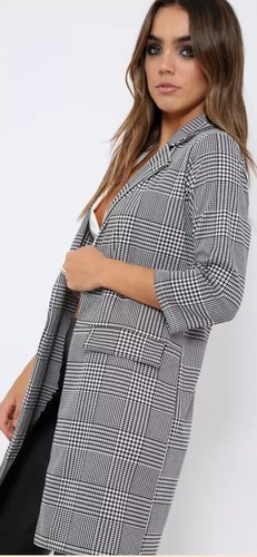 Women's Check Hound Tooth Tartan Duster Coat Ladies Jacket Blazer Top 8-22 - Picture 2 of 4