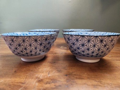 4er Set asiatisch japanisch Sternenmuster Reisschalen 5" blau & weiß SEHR GUT - Bild 2 von 5