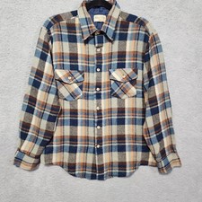 Vintage Sears Men's Store Plaid Flannel Button Up Jacket Quilted Neckline Size L