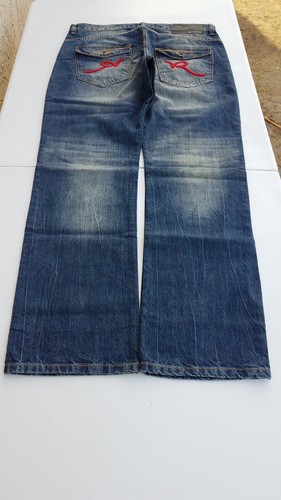 Men Vintage Rocawear 1990s Wide Leg Baggy Blue Jeans Red Embroidered Size 38 - Picture 2 of 17