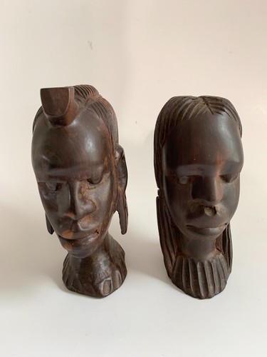 Vintage Polished Solid Wood African Tribal Male and Female Hand Carved Busts