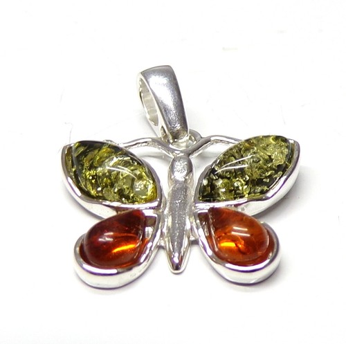 Handmade 925 Sterling Silver Butterfly Pendant with Green & Cognac Baltic Amber - Picture 6 of 8