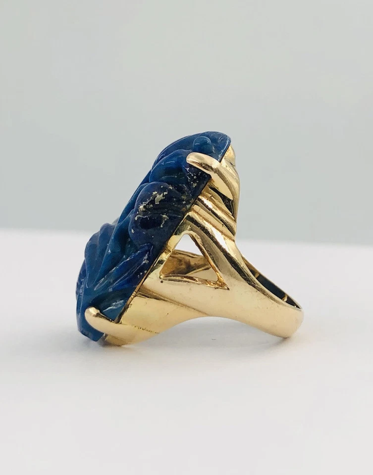 旧中国出口 14k 黄金雕刻 Lapis lazuli 花卉甜瓜水果戒指 — 第 4/4 张图片