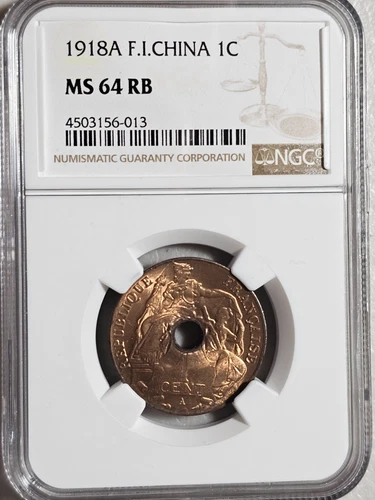 French Indochina 1 Cent 1918A NGC MS 64 RB