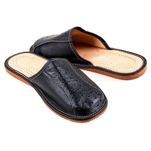 Men's Real Leather Slippers Black Size UK 6,7,8,9,10,11,12 100% Natural Leather - Picture 7 of 9