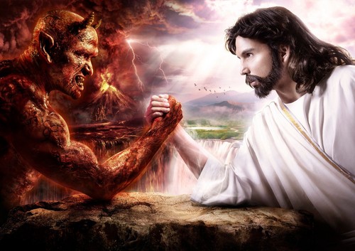 Poster Gesù e il Diavolo Braccio Lotta Paradiso Inferno Religione Quadro Stampa Chiesa - Foto 2 di 3