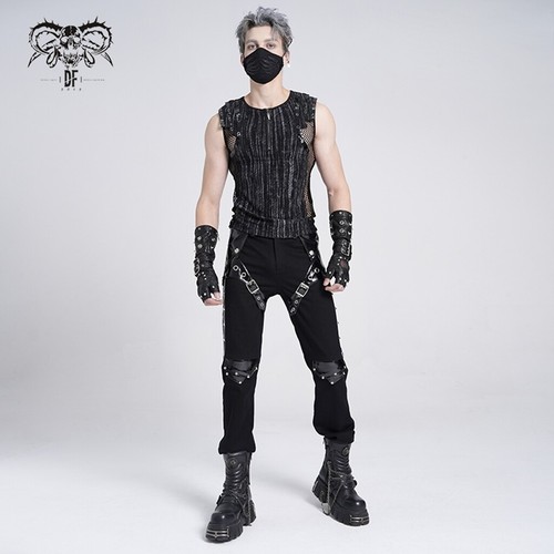 Devil Fashion Men Black Gothic Punk Striped Mesh Splicing Sleeveless T-Shirt Top - Picture 9 of 24